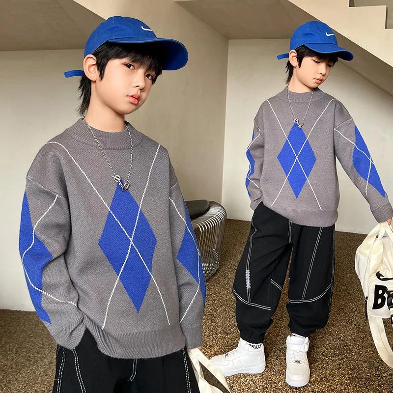 Autumn Winter New Knitted Sweater for Boys Fashion Casual Print Tops Kid Clothes for Teens Thick Warm Round Neck Pul